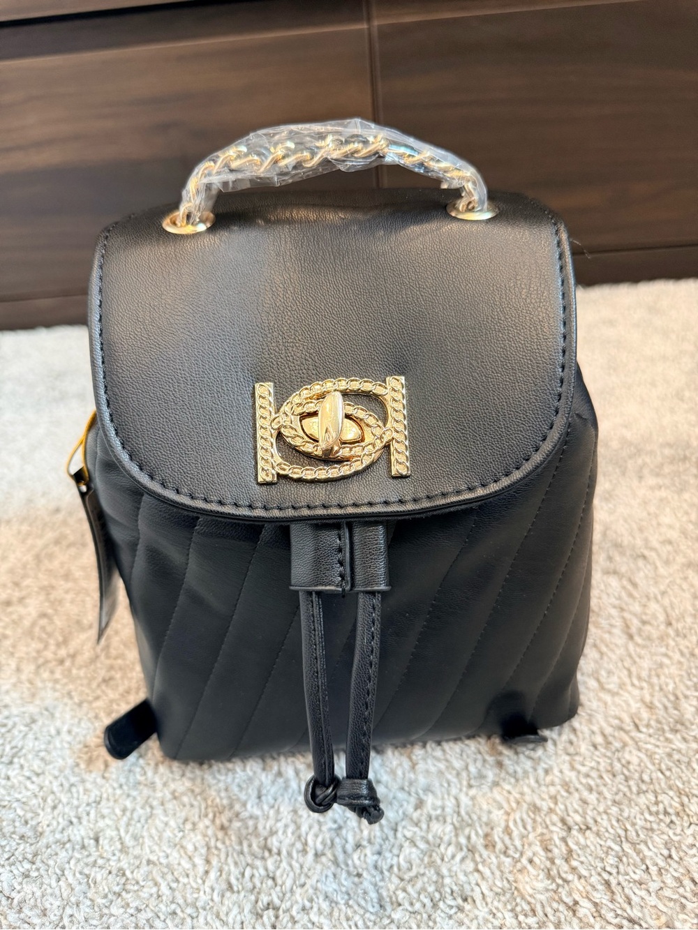 Bebe Black Quilted Mini Backpack with Gold Hardware